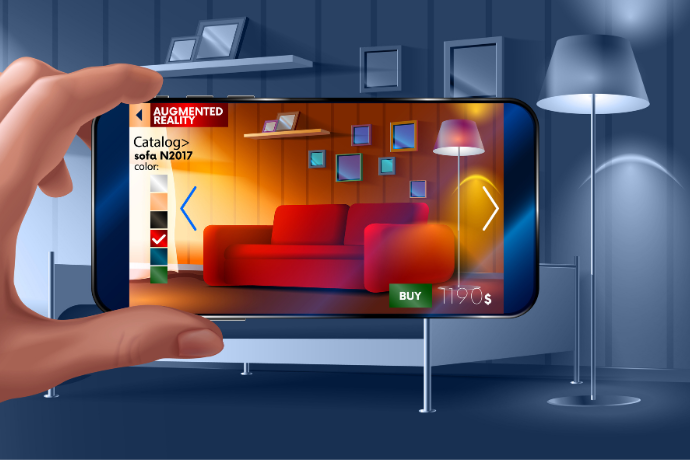 Augmented reality application of smartphone that lets you place virtual furniture to your real home before buying. Man holding smart phone in hand horizontally.